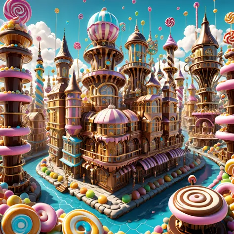 Envision a steampunk candy city in the style of M.C. Escher's impossible architecture, with gravity-defying candy structures and...