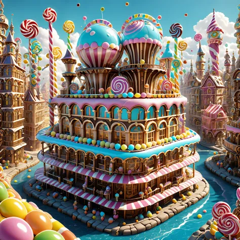 Envision a steampunk candy city in the style of M.C. Escher's impossible architecture, with gravity-defying candy structures and...