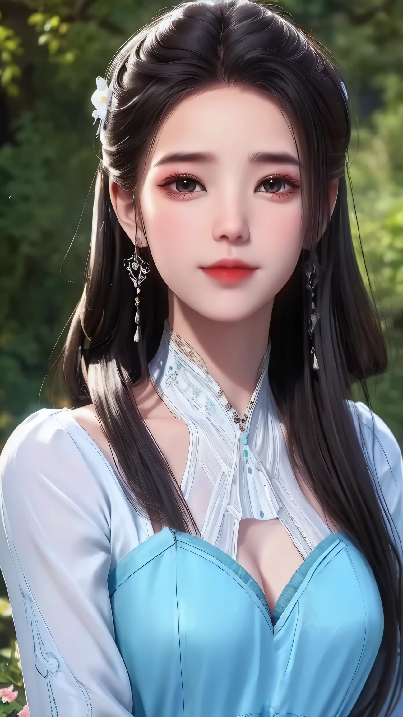 (best quality,ultra-detailed,photorealistic:1.37),vivid colors,studio lighting,beautiful detailed eyes,beautiful detailed lips,extremely detailed eyes and face,long eyelashes,portraits,black hair,confident expression,feminine,standing in a garden,soft sunlight, scenery,flower blossoms,peaceful atmosphere,artistic touch,textured brushstrokes,subtle color variations,brilliant white highlights,delicate movements,graceful pose,slight breeze,rustling leaves,sophisticated style,professional artwork,female beauty.