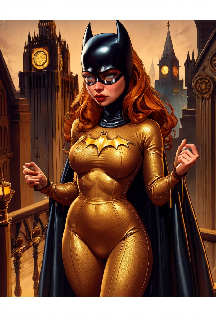 cinematic film still , night time, long wet wavy ginger hair, ((nubile toned superhero on a gothic cathedral roof top)), , skintight( black orange and gold:1.3) intricately detailed skin tight superhero bodysuit, cape, shoulder pads, ((Gotham city background)), (crystalblueeyeswith eyelashes), . shallow depth of field, vignette, highly detailed, high budget, bokeh, cinemascope, moody, epic, gorgeous, film grain, grainy, crying 