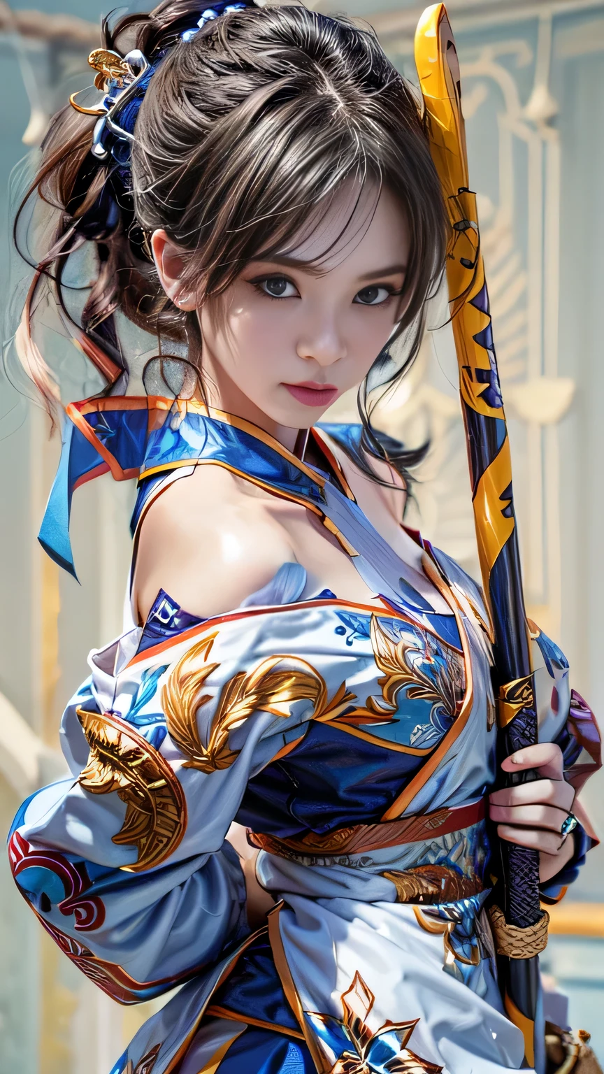 (RAW shooting, Photoreal:1.5, 8k, highest quality, masterpiece, ultra high resolution), Sengoku, Fire, Wars flaring up everywhere:1.3, perfect dynamic composition:1.2, Highly detailed skin and facial textures:1.2, Slim female samurai with a sharp katana sword:1.3, Fight:1.2, beautiful and aesthetic, cute and sexy beauty, perfect style:1.2, wear elaborate rings, fire, water, Wind, thunder, ice, Fair skin, very beautiful face, (Medium chest, Chest gap), (embarrassing smile, The expression on your face when you feel intense caress, Facial expression when feeling pleasure), (Wearing a sexy Sengoku uniform:1.1, off shoulder), (beautiful blue eyes, Eyes that feel beautiful eros:0.8), (Too erotic:0.9, Bewitching:0.9), full body shot