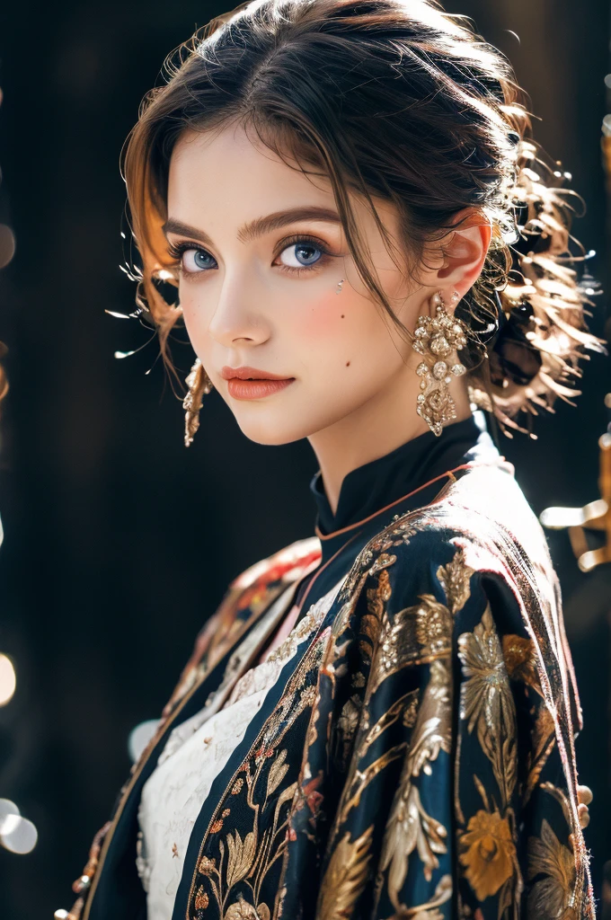 ( masterpiece, top quality, best quality,8k,years old girl,ultra detailed,raw photo:1.5),(photorealistic:1.4), (cinematic lighting), PerfectNwsjMajic, , Surrealism, UHD, ccurate, Super detail, textured skin, High detail, Best quality, dynamic angle, White skin,[Beautiful blue eyes], high nose,(1girl),(good anatomy:0.5)), Dreamy atmosphere, dress, Renaissance,