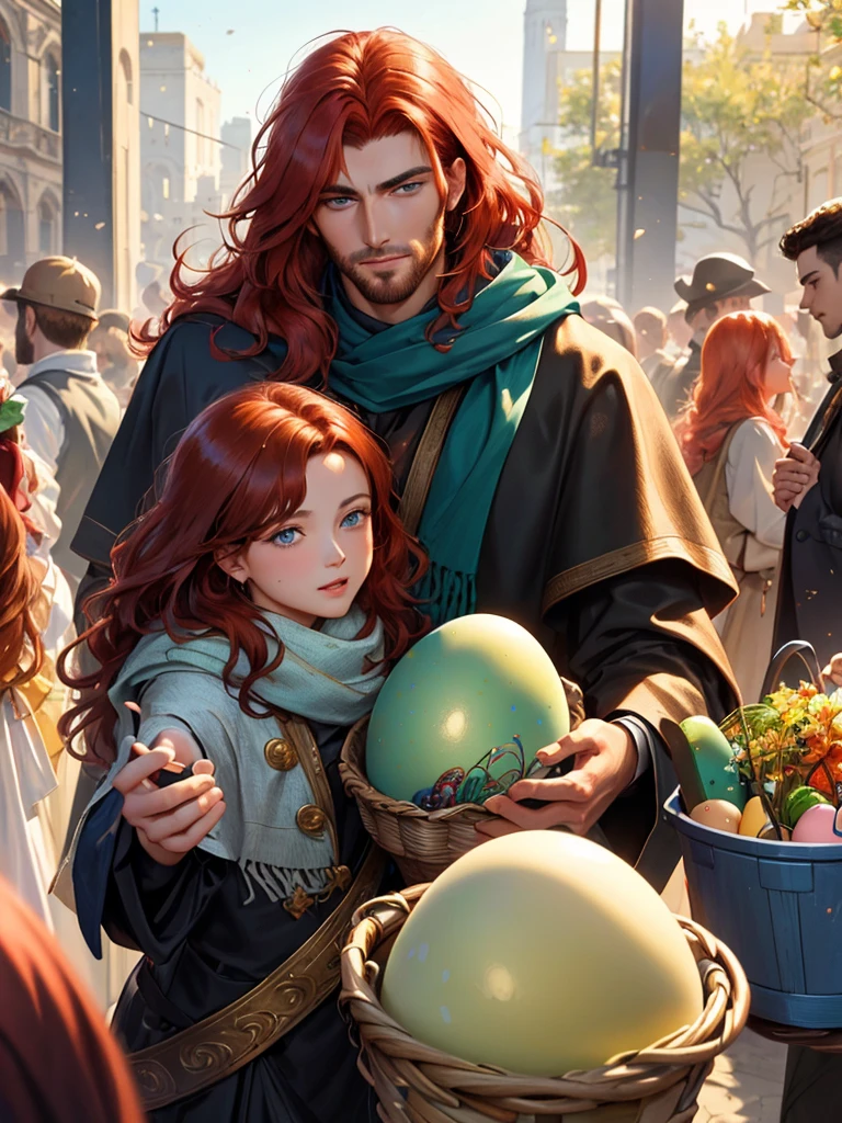 The feast of the Orthodox Easter. A tall, handsome, handsome, courageous young man, he has long curly copper-red hair, green eyes, he holds a basket of cakes and colored eggs in his hand, hugs an incredibly beautiful young femme fatale brunette with blue eyes, short thick black hair, her head is covered with a scarf. They're in love. Masterpiece, detailed study of the face, beautiful face, beautiful facial features, perfect image, realistic shots, detailed study of faces, full-length image, 8k, detailed image. an extremely detailed illustration, a real masterpiece of the highest quality, with careful drawing.