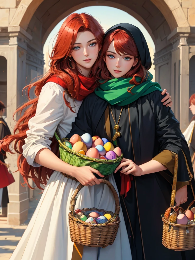 The feast of the Orthodox Easter. A tall, handsome, handsome, courageous young man, he has long curly copper-red hair, green eyes, he holds a basket of cakes and colored eggs in his hand, hugs an incredibly beautiful young femme fatale brunette with blue eyes, short thick black hair, her head is covered with a scarf. They're in love. Masterpiece, detailed study of the face, beautiful face, beautiful facial features, perfect image, realistic shots, detailed study of faces, full-length image, 8k, detailed image. an extremely detailed illustration, a real masterpiece of the highest quality, with careful drawing.