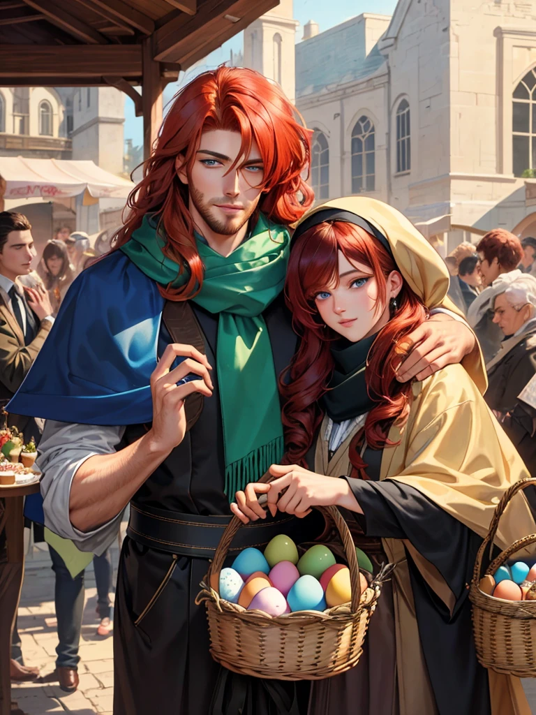 The feast of the Orthodox Easter. A tall, handsome, handsome, courageous young man, he has long curly copper-red hair, green eyes, he holds a basket of cakes and colored eggs in his hand, hugs an incredibly beautiful young femme fatale brunette with blue eyes, short thick black hair, her head is covered with a scarf. They're in love. Masterpiece, detailed study of the face, beautiful face, beautiful facial features, perfect image, realistic shots, detailed study of faces, full-length image, 8k, detailed image. an extremely detailed illustration, a real masterpiece of the highest quality, with careful drawing.