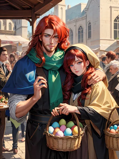 The feast of the Orthodox Easter. A tall, handsome, handsome, courageous young man, he has long curly copper-red hair, green eye...