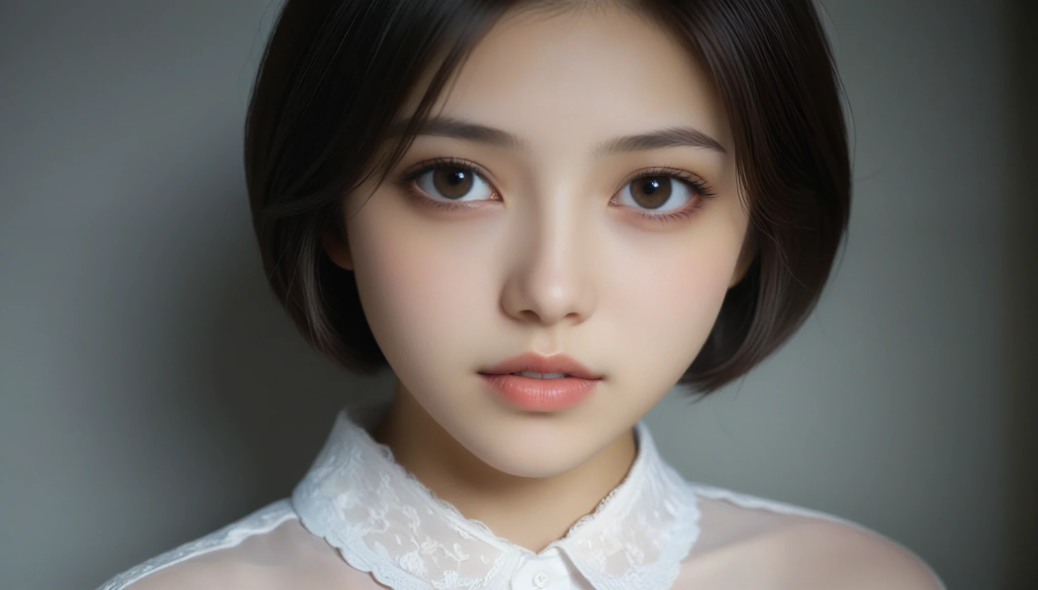 8K, Ultra-high resolution, highest quality, masterpiece, Surreal, photograph, 1 girl, (16 years old:1.3), pretty girl, Cute face, Beautiful eyes in every detail, (short hair:1.2),(Wearing a blouse:1.2),1 girl,Japanese,21 years old,(Small breasts:1.3),(highest quality,masterpiece:1.3,超A high resolution,),(非常にdetailed,Caustics),(Photorealistic:1.4,RAW shooting,)Ultra-Realistic Capture,非常にdetailed,High resolution 16K human skin closeup。 Natural skin texture、簡単に識別できるほどdetailedでなければならない。 Skin tone is even and healthy looking。 Use natural light and color, Sad expression, Looking at the camera, Perfect dynamic composition, My Room, A scene from the movie is visible 、Look at the audience、beauty,Long neck、Smile a little、Please close your mouth and laugh、(((Ideal body proportions))),A cup small breasts :2,、Portraiture:2、Perfect Anatomy、Vivid details、detailed、Surreal、Light and shadow,Strong light,Fashion magazine cover,Thin lips