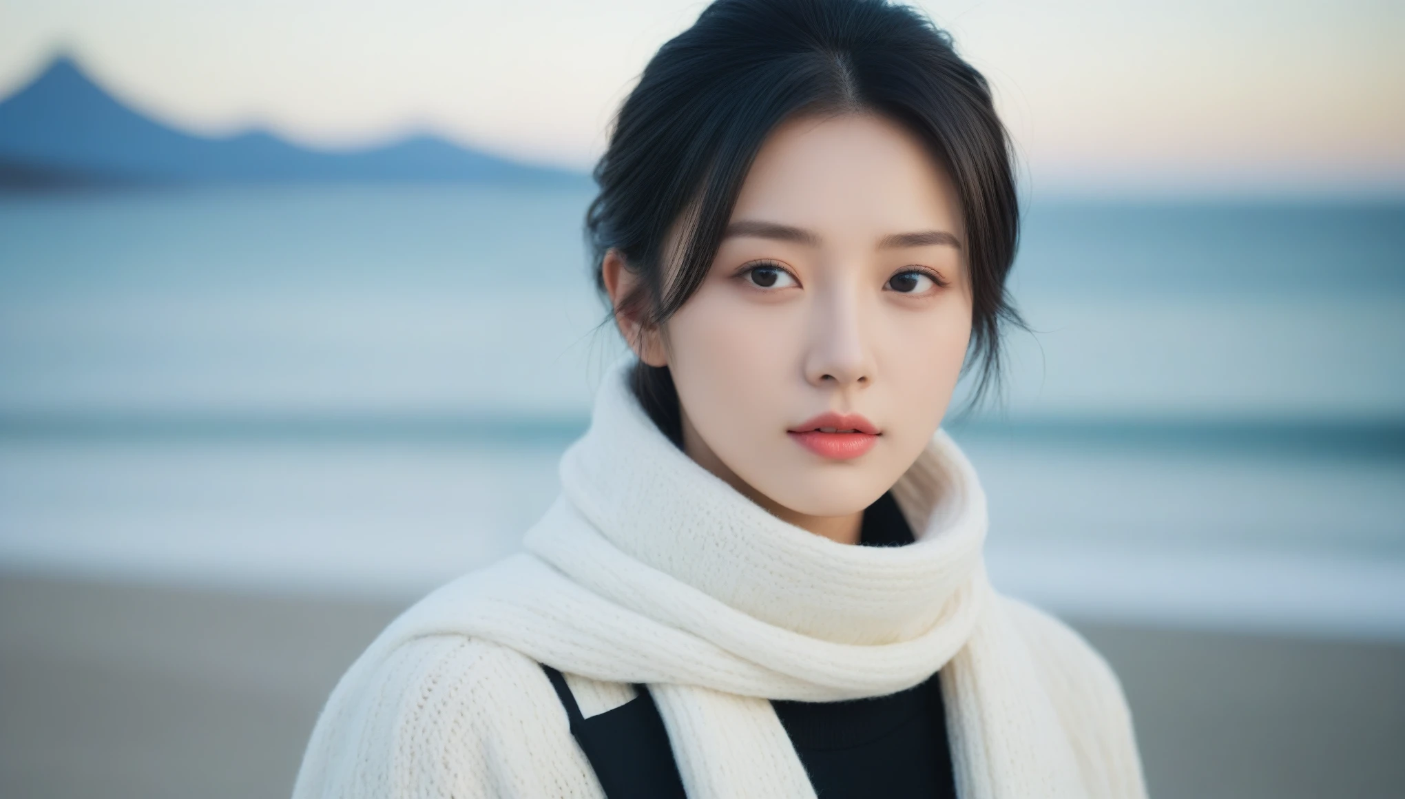 8K, 超High resolution, highest quality, masterpiece, Surreal, photograph,Three-part method, 1 girl, (16 years old:1.3), pretty girl, Cute face, Beautiful eyes in every detail,Japan Female Announcer,(wearing a long winter coat and scarf、Close-up of thin black two-sided updo:1.5)、(The girl turns around with a very sad look on her face, Her hair fluttering in the wind on the winter beach:1.5)、(Blurred Background:1.5)、(red sky at sunset:1.5)、(Perfect Anatomy:1.5)、(Complete Hand:1.3)、(Full Finger:1.3)、Photorealistic、生photograph、Tabletop、highest quality、High resolution、Delicate and beautiful、Perfect Face、Beautiful fine details、Fair skin、Real human skin、((Thin legs))、Bold Pose,super cute super model、Please look closely at the camera 、Vivid details、detailed、Surreal、Light and shadow,Strong light,Fashion magazine cover,Thin lips