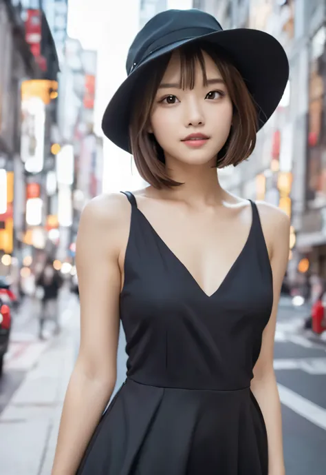 a woman in a black dress and hat standing on a city street