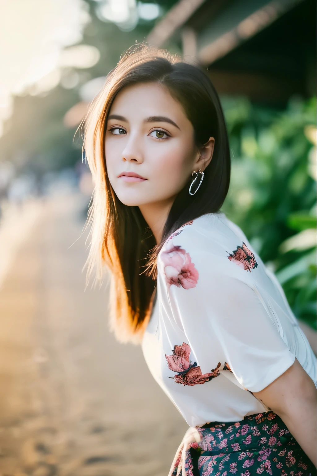 dunghill, (Clear focus:1.2), portrait, Attractive young woman, (beexistiful face:1.1), Delicateeyes, Sweet mouth, (Eye Makeup:1.2), (Close Body:1.2), wear (Floral Skirt:1.2) exist (beach:1.2). (morning sun:1.2), Depth of Field, Bokeh, 4K, High Dynamic Range. go through (James C. Christensen:1.2|Jeremy Lipkin:1.1). Violet eyes.