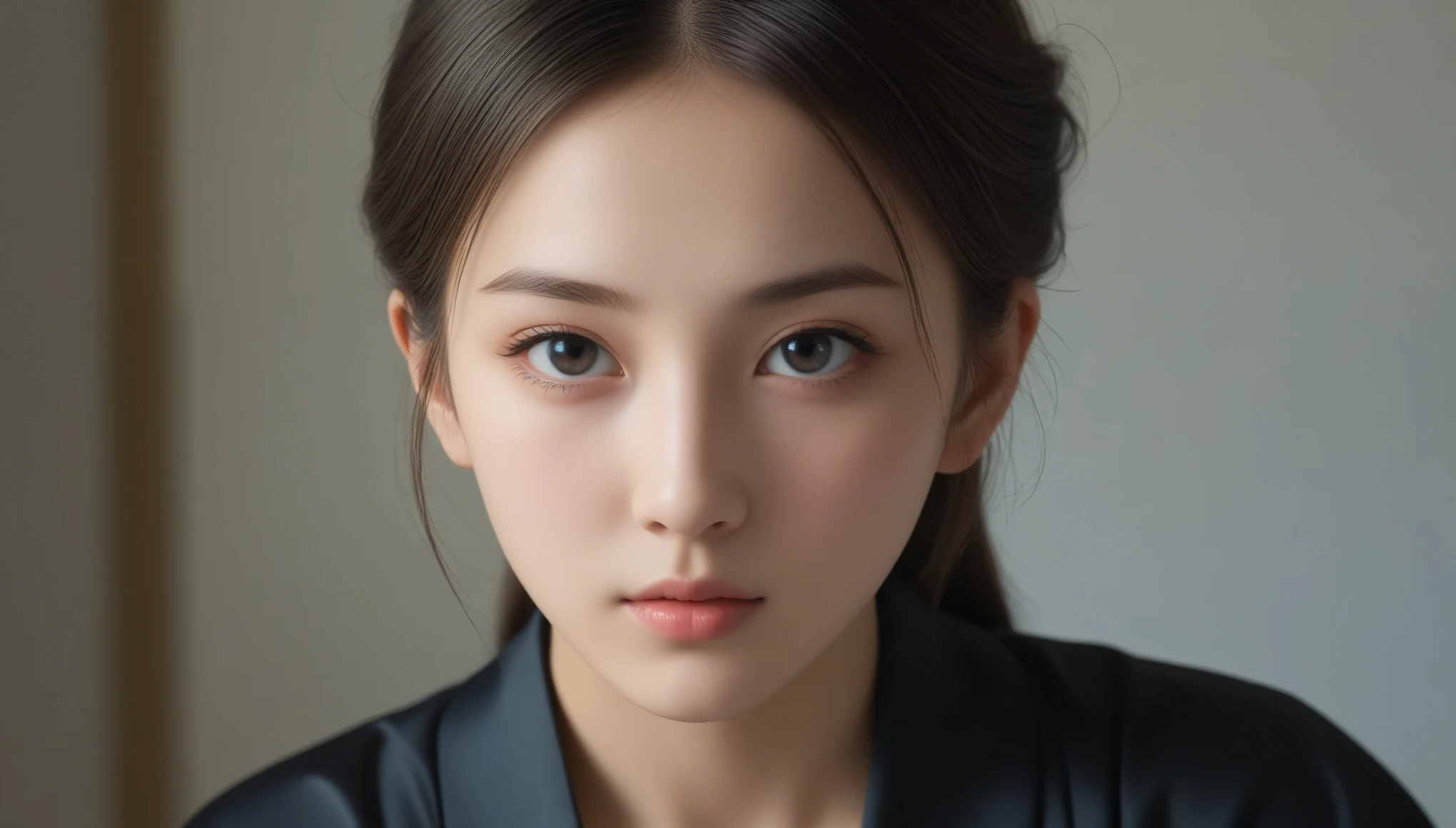 8K, 超High resolution, highest quality, masterpiece, Surreal, photograph, 1 girl, (16 years old:1.3), cute女の子, cuteface, Beautiful eyes in every detail, black silk dress、intellectual,(Gaziantep:1.5), close, masterpiece, highest quality, 生photograph, Realistic, face, Unbelievably absurd, beautiful girl, cute, Bun Hair, Depth of written boundary, High resolution, 超detailed, finely, 非常にdetailedな, 非常にdetailedな eyes and face, Sharp pupils, Realistic students, Sharp focus, Cinematic lighting、Depth of written boundary、Vivid details、detailed、Surreal、Light and shadow,Strong light,Fashion magazine cover,Thin lips