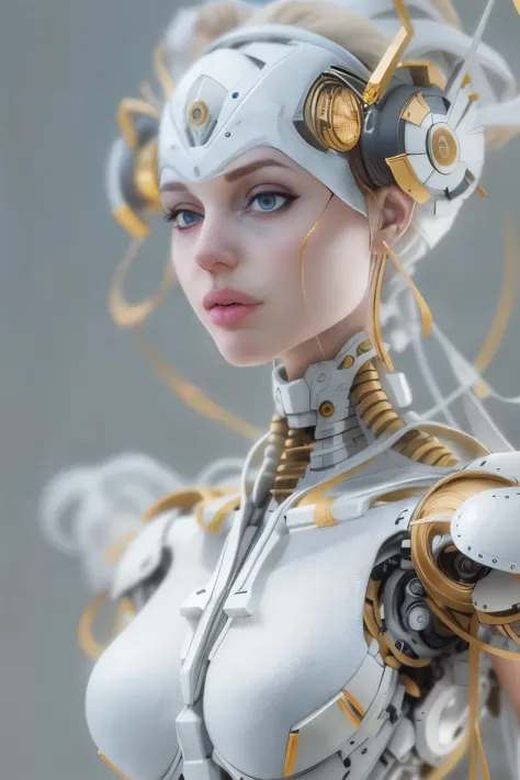 Mechanical Female girl , couleurs blanches, perfect female girl , Delicate, hyper HD, Backgrounid blanc, UHD, Masterpiece, ccura...