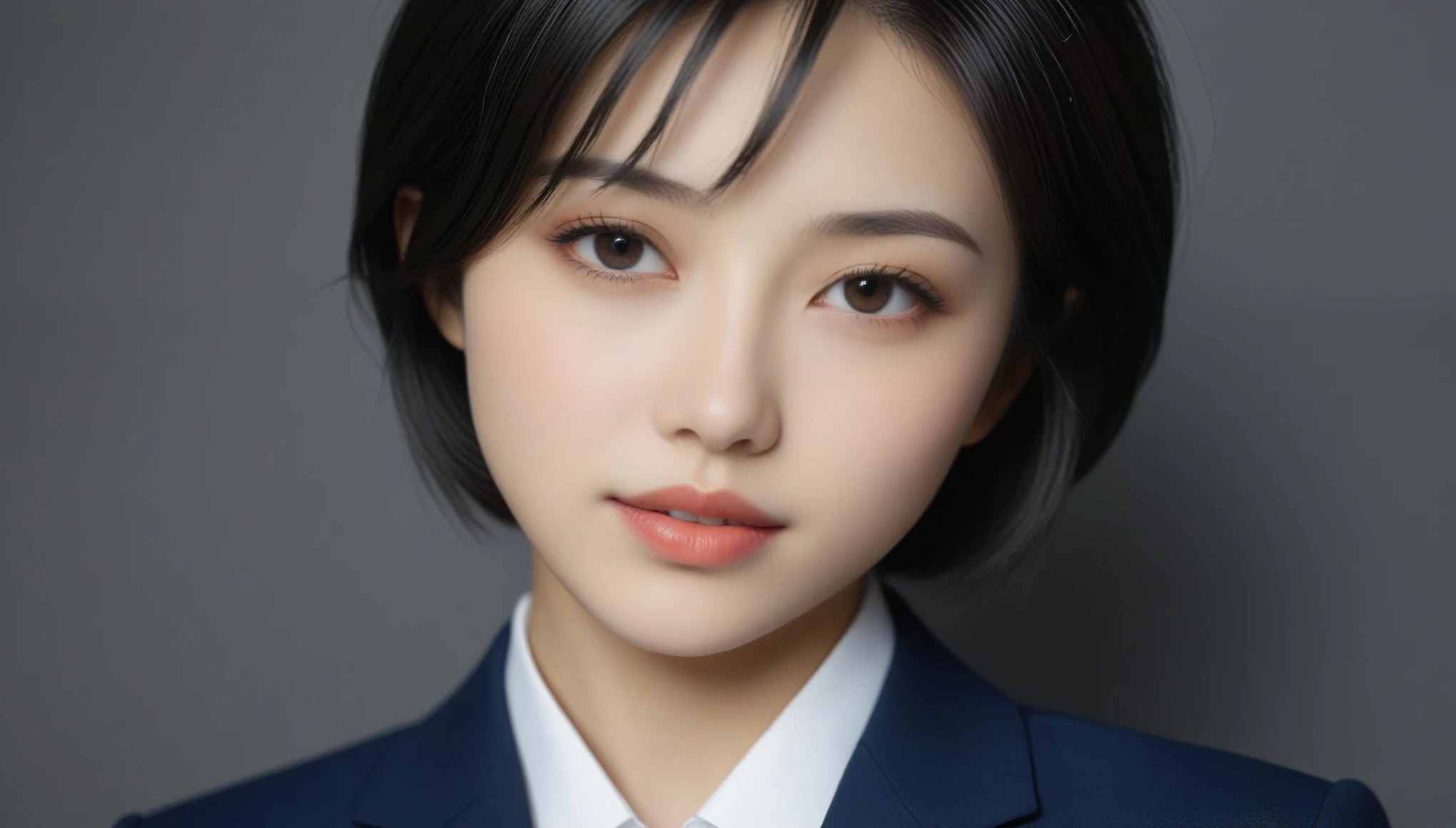 8K, 超High resolution, highest quality, masterpiece, 超Realisticな, photograph, 1 girl, (16 years old:1.3), pretty girl, Cute face, Every detail美しい目, Japan Female Announcer,On the table, Best Quality, Realistic, 超detailedな, Every detail, High resolution, 4K Wallpaper, 1. Beautiful Women,Short layer of black hair, Wearing a suit, Fixing sharp focus, Perfect dynamic composition, Beautiful and delicate eyes, Delicate hair, 细致Realistic的皮肤纹理, smile, Close-up portrait, Model Body Type 、Intricate details and sharp, masterpiece, Global Illumination, True Shadow, Bokeh, highest quality, photoRealisticな, Realisticな, 8K, 3D、Vivid details、detailed、超Realisticな、Light and shadow,Strong light,Fashion magazine cover,Thin lips