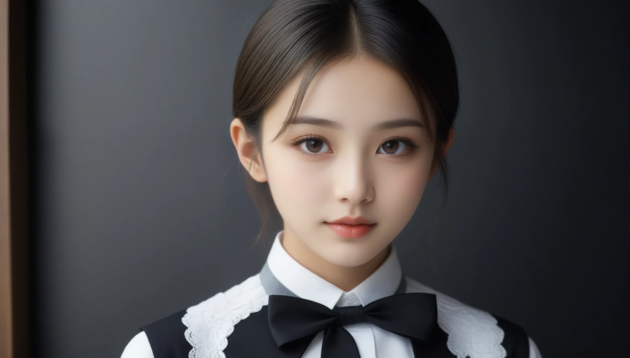 8K, Ultra-high resolution, highest quality, masterpiece, Surreal, photograph, 1 girl, (10 years old:1.3), pretty girl, Cute face, Beautiful eyes in every detail, 細かくdetailedに,Cute 21 year old Japanese、apron, Black bow tie、Waiter、Cafe、Super detailed face、Pay attention to the details、double eyelid、Beautiful thin nose、Sharp focus:1.2、Beautiful woman:1.4、(Light brown hair,short hair、),Pure white skin、highest quality、masterpiece、Ultra-high resolution、(Photorealistic:1.4)、非常にdetailedでプロフェッショナルな照明、nice smile、Please show me your whole body、、See through 、Look at the audience、beauty,Long neck、Smile a little、Please close your mouth and laugh、(((Ideal body proportions))),A cup small breasts :2,、Portraiture:2、Perfect Anatomy、Vivid details、detailed、Surreal、Light and shadow,Strong light,Fashion magazine cover,Thin lips