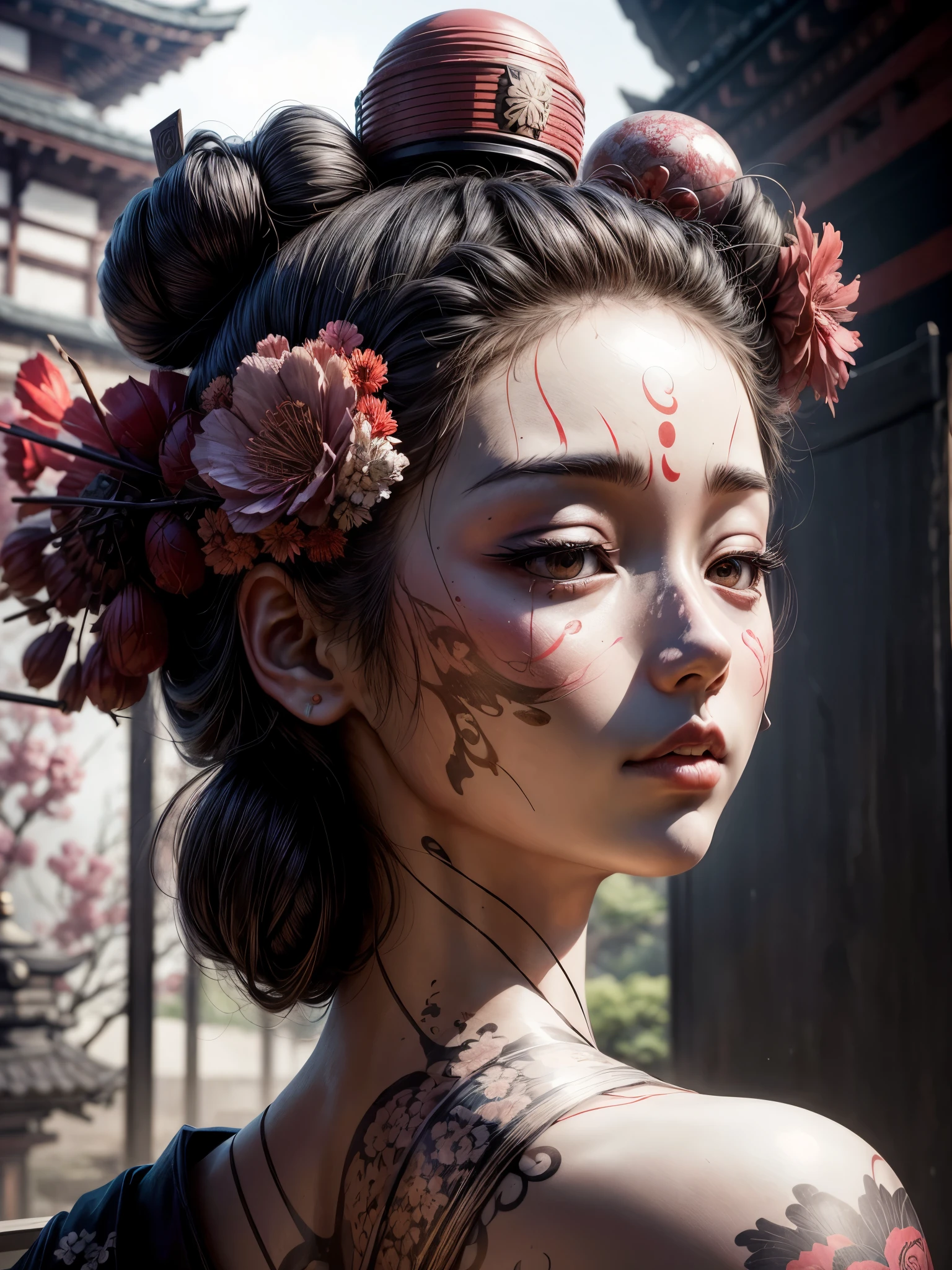 surrealism scene, with head-off section on body, and holding head section. a geisha, sakura and ancient japanese temple as background, messy, ruined, abandoned.