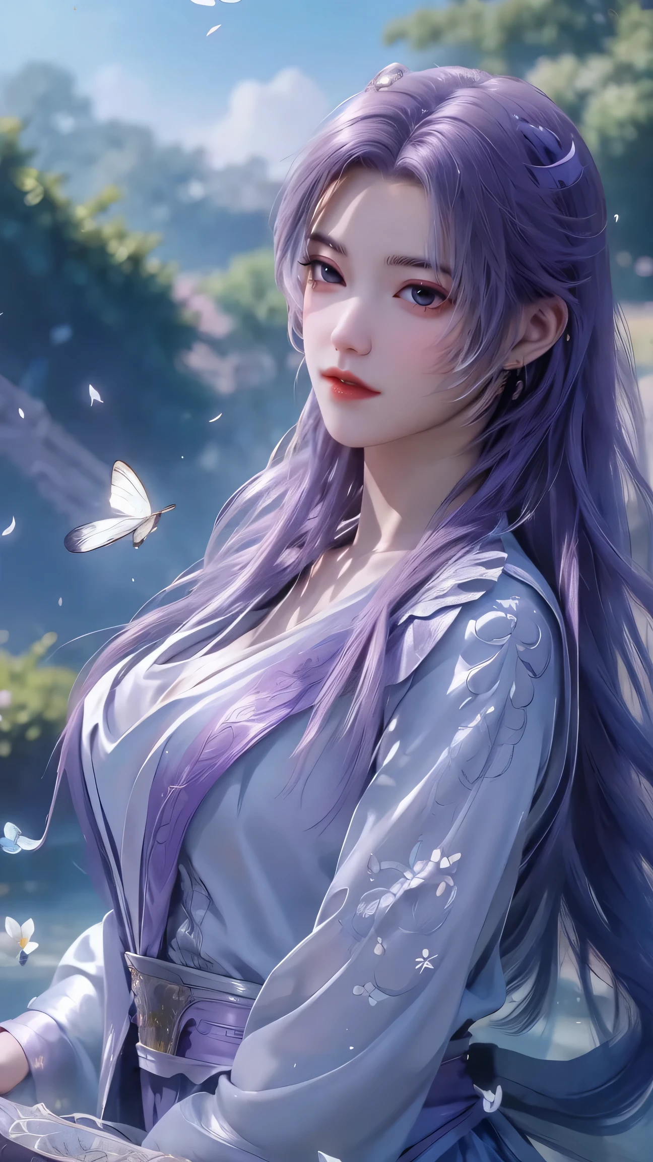 (best quality,ultra-detailed,photorealistic:1.37),vivid colors,studio lighting,beautiful detailed eyes,beautiful detailed lips,extremely detailed eyes and face,long eyelashes,portraits, purple hair,confident expression,feminine,standing in a garden,soft sunlight, scenery,flower blossoms,peaceful atmosphere,artistic touch,textured brushstrokes,subtle color variations,brilliant white highlights,delicate movements,graceful pose,slight breeze,rustling leaves,sophisticated style,professional artwork,female beauty.