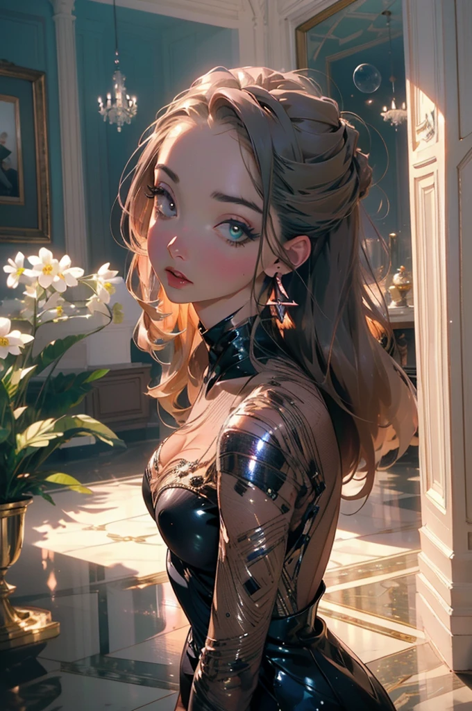 (best quality,4k,8k,highres,masterpiece:1.2),ultra-detailed,(realistic,photorealistic,photo-realistic:1.37),beautiful detailed eyes,beautiful detailed lips,extremely detailed face,long eyelashes,(1girl:1.1),slinky small dress,teasing,sultry,intense,upscale living room,soft lighting,velvet textures,subtle shadows,rich colors,polished marble floor,expensive furniture,elegant decor,vibrant atmosphere