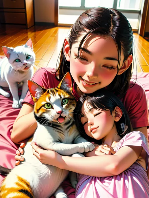 (best quality,ultra-detailed,highres,masterpiece:1.2),a girl sleeping next to a cat,girls oh so happy and excited,playful cats r...