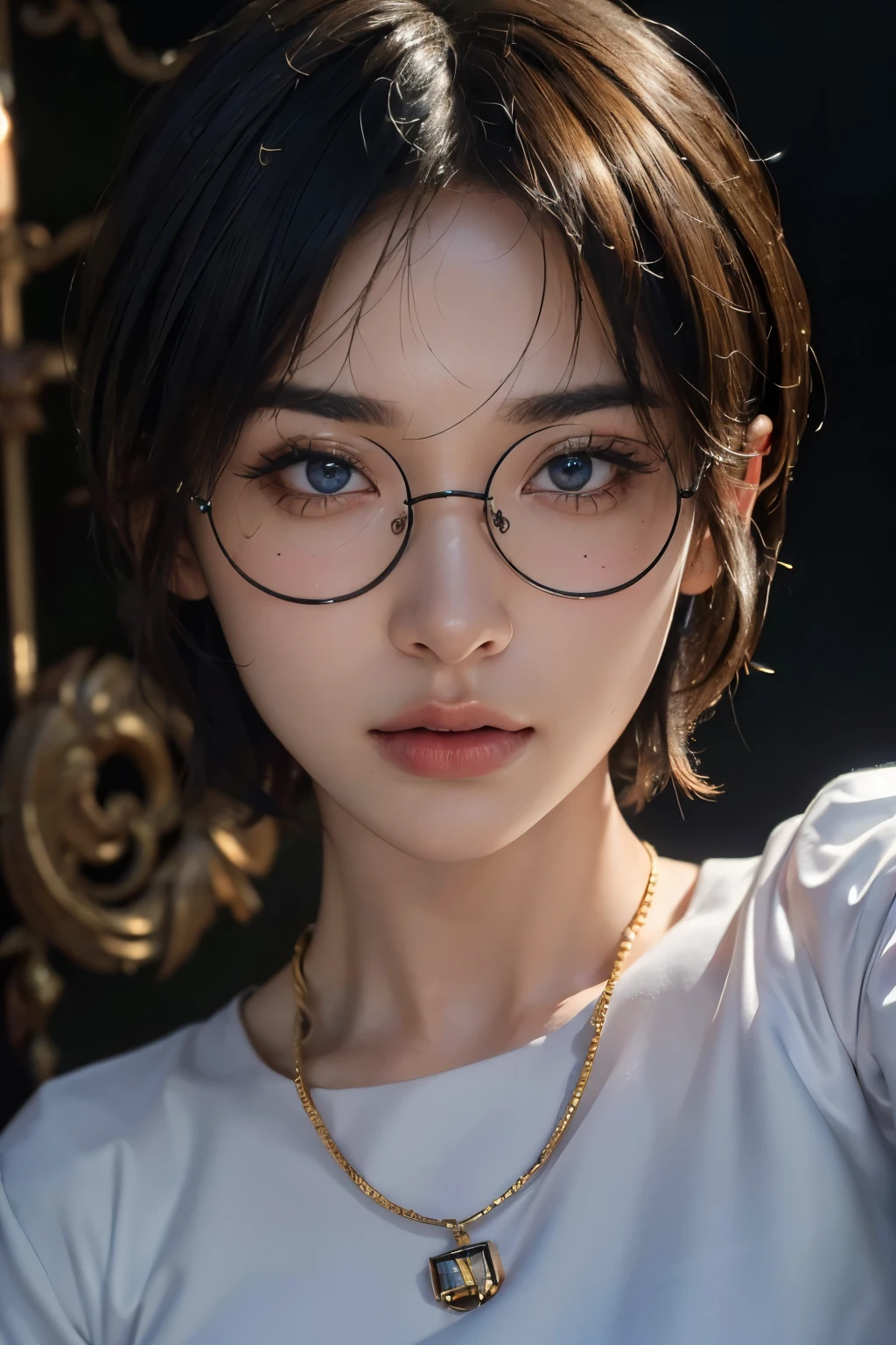 (masterpiece:1.3), (8k, photorealistic, RAW photo, best quality: 1.4), 
(1boy), beautiful face, (realistic face), 
beautiful hairstyle,
realistic eyes, beautiful detailed eyes, 
(realistic skin), beautiful skin, 
(blouse), 
absurdres, attractive, 
ultra high res, ultra realistic, highly detailed, 
golden ratio, 1girl, black flame glasses, short hair,
