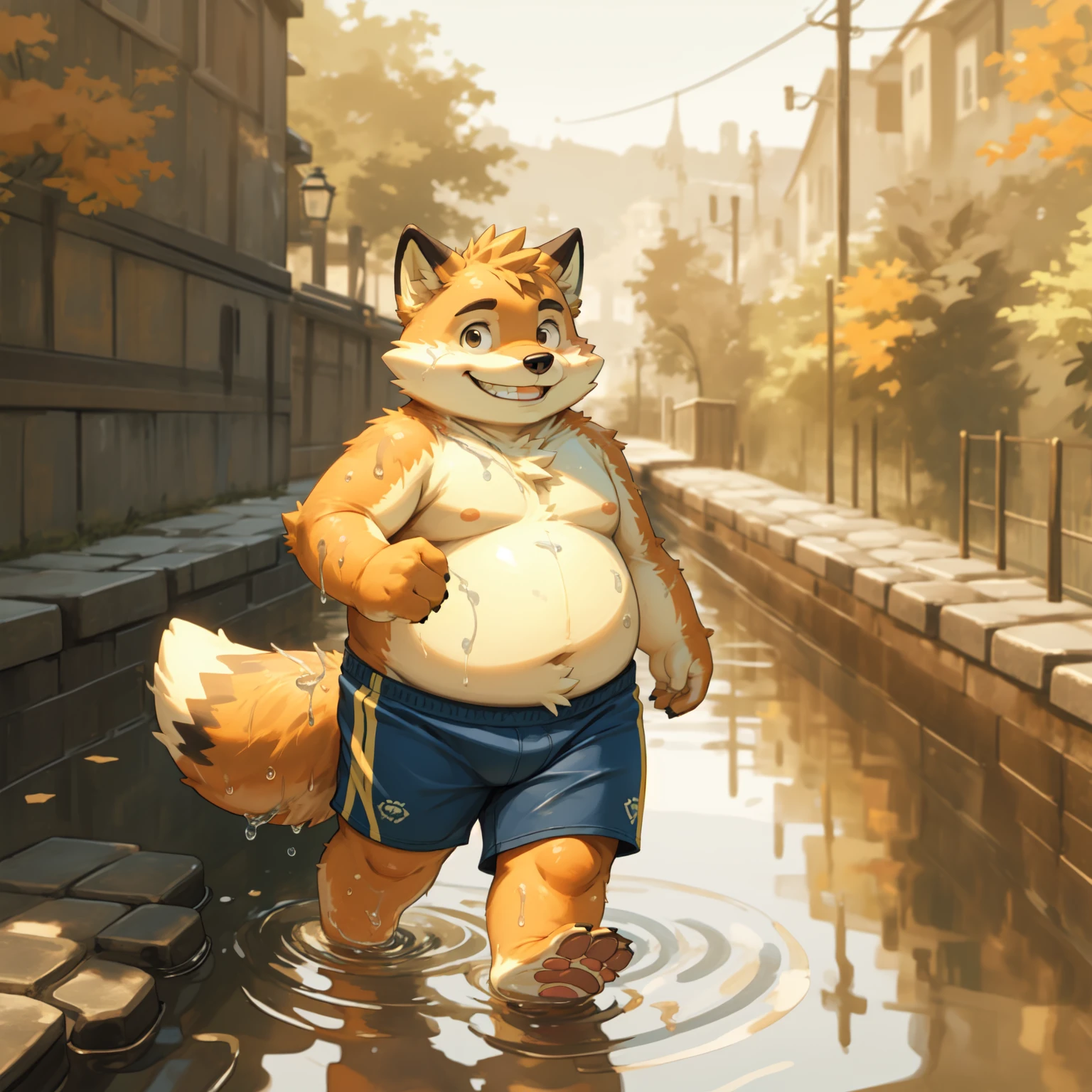 New Jersey 5 Furry，fox，portrait,Exquisite，Chubby，Orange plush fur，Cute face，Handsome，，Topless，shorts，riverside，cobblestone，Playing in the water，Smile