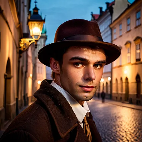 Capture Nikolai Blackwood, the enigmatic wanderer of Prague, amidst the city's shadowy streets, his black hat casting a mysterio...