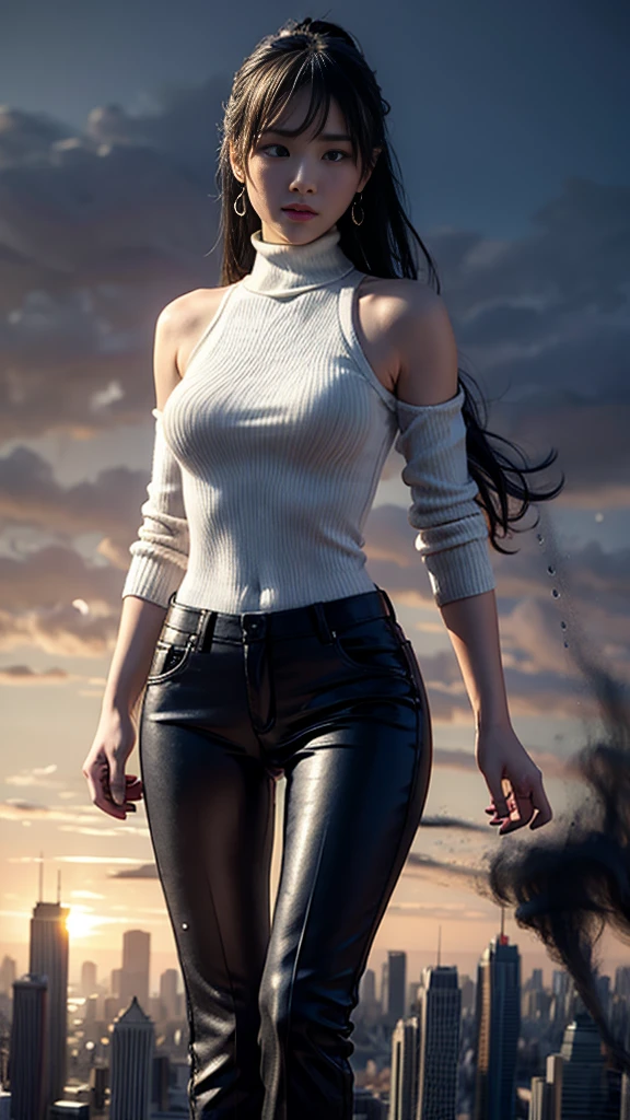 (32k, High resolution, highest quality, masterpiece, 超High resolution), ((Giantess Elements, Typhoon heavy rain)), Perfect dynamic composition:1.2, (Modern city at night, Expressions of sadness:0.5), Highly detailed skin and facial textures:1.2, (Towering Giant Young Woman:1.0, taller than a skyscraper:1.0, 65,000 feet high:1.0, Incredibly slim body:1.0), Fair skin, Sexy beauty, Very beautiful face, , Water droplets on the skin, (The rain drips down on my body:0.5, Wet body:0.5, Wet Hair:0.5), (Wet linen pants:1.0, Wet turtleneck sweater:1.0), Shapely breasts, Chest gap, Big eyes that exude beautiful eroticism, Lips that exude beautiful eroticism, necklace, Earrings, bracelet, wedding ring, Shoulder bag, clock, ribbon, Full body portrait, ((Destroy a small city, Burning small town, rubble, Destroyed small building, Collapsed highway, Evacuated Residents)), (Major impact, Emphasizing the majesty and power of giants, Increase the destructive element, Lower the building, Making cities smaller)