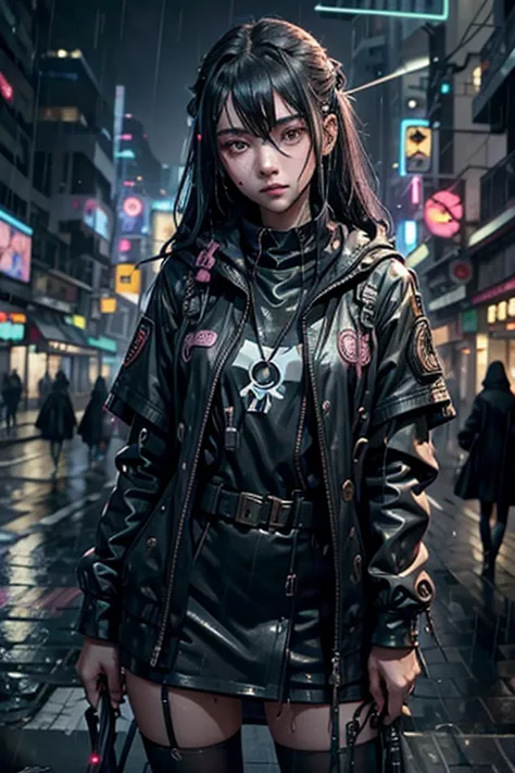 1girl, cyber girl, long black hair, uniform, shy, blush, wet, rain, transparent, holding sign, r h n z on the sign