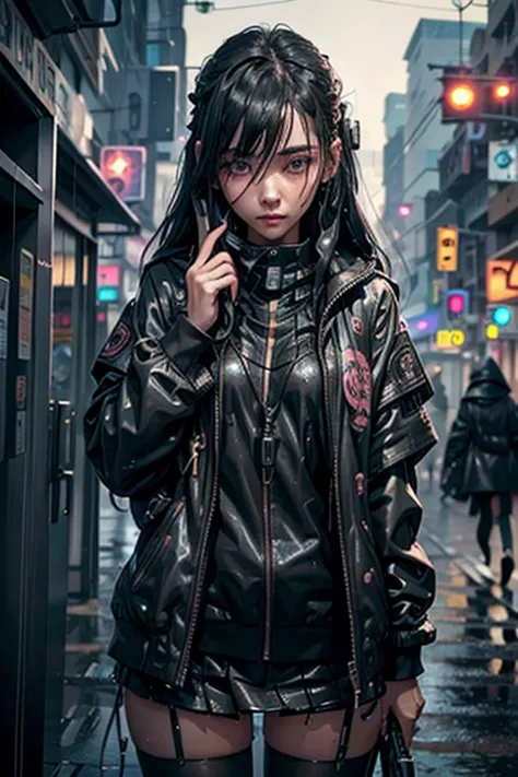 1girl, cyber girl, long black hair, uniform, shy, blush, wet, rain, transparent, holding sign, r h n z on the sign