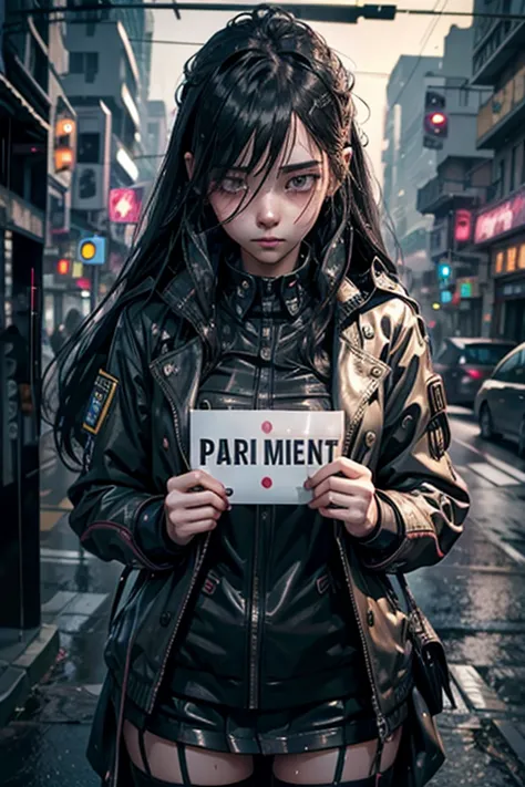 1girl, cyber girl, long black hair, uniform, shy, blush, wet, rain, transparent, holding sign