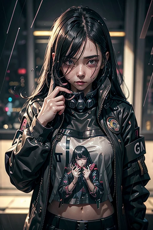 1girl, cyber girl, long black hair, uniform, shy, blush, wet, rain, transparent, holding sign