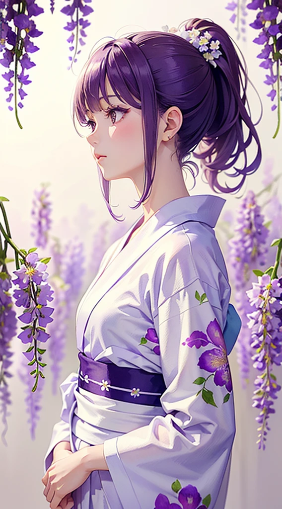 Absurd, High resolution, Super detailed,(masterpiece:1.2),(highest quality:1.2),Watercolor style,(One girl:1.3),(A lot of wisteria flowers),(White and purple yukata),(ponytail),(look up),Soft Blending,Dreamy wash,Delicate texture