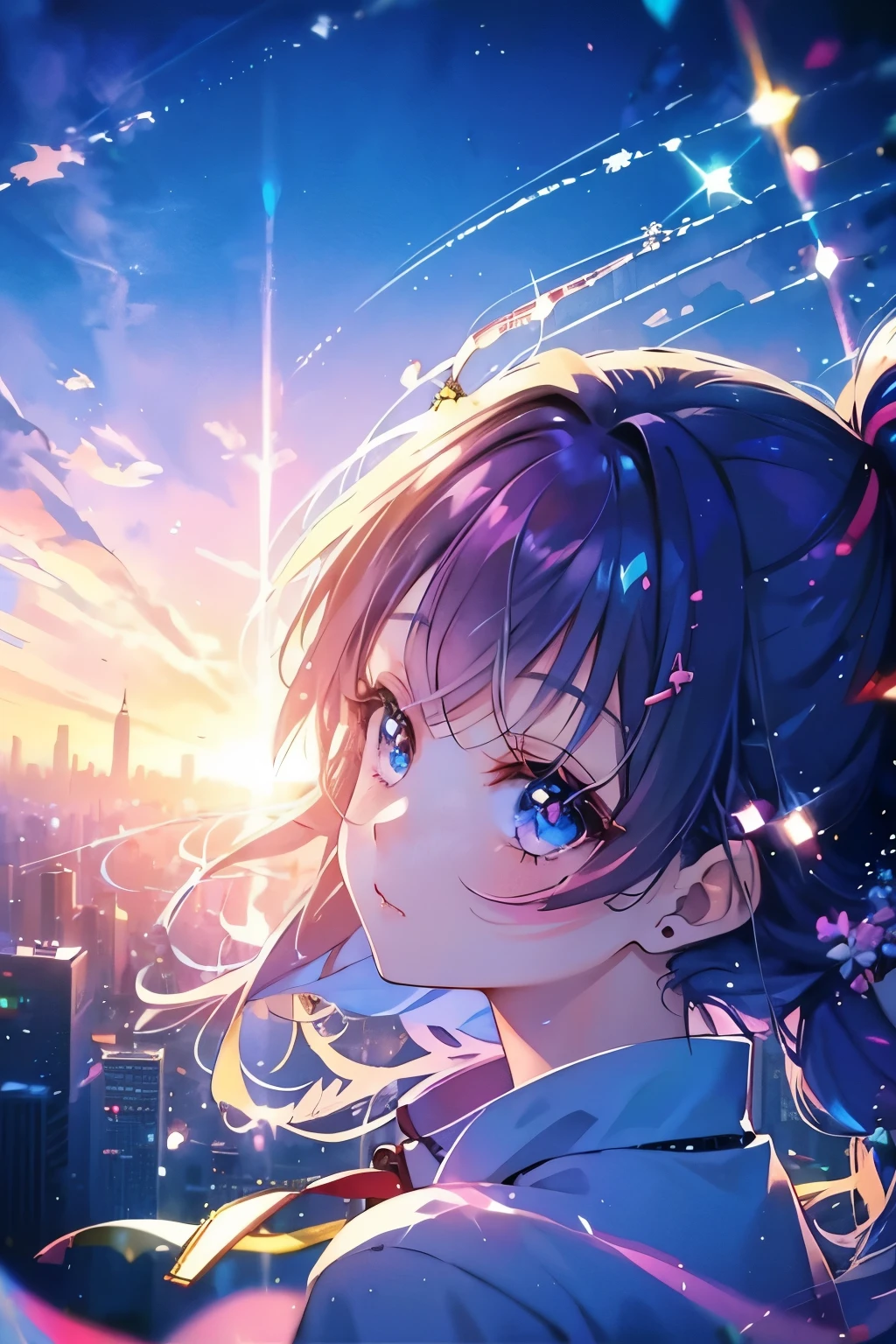 masterpiece, Potrait, fine detail, beautiful anime girl, solo, full color, cyberpunk, soft focus, Colorful light gradient, watercolor painting, lens flare, kirakira, Glow, Dreamy, city background