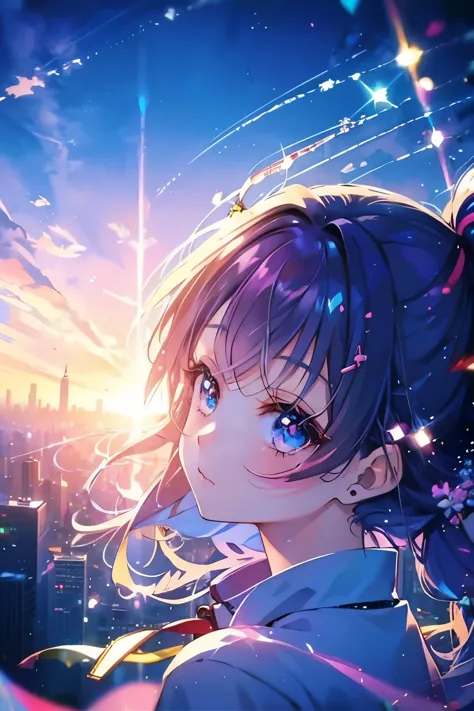 masterpiece, Potrait, fine detail, beautiful anime girl, solo, full color, cyberpunk, soft focus, Colorful light gradient, water...