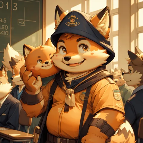 New Jersey 5 Furry，fox，portrait,Exquisite，Chubby，Orange plush fur，Cute face，child，School，Scout costumes，Play，Smile