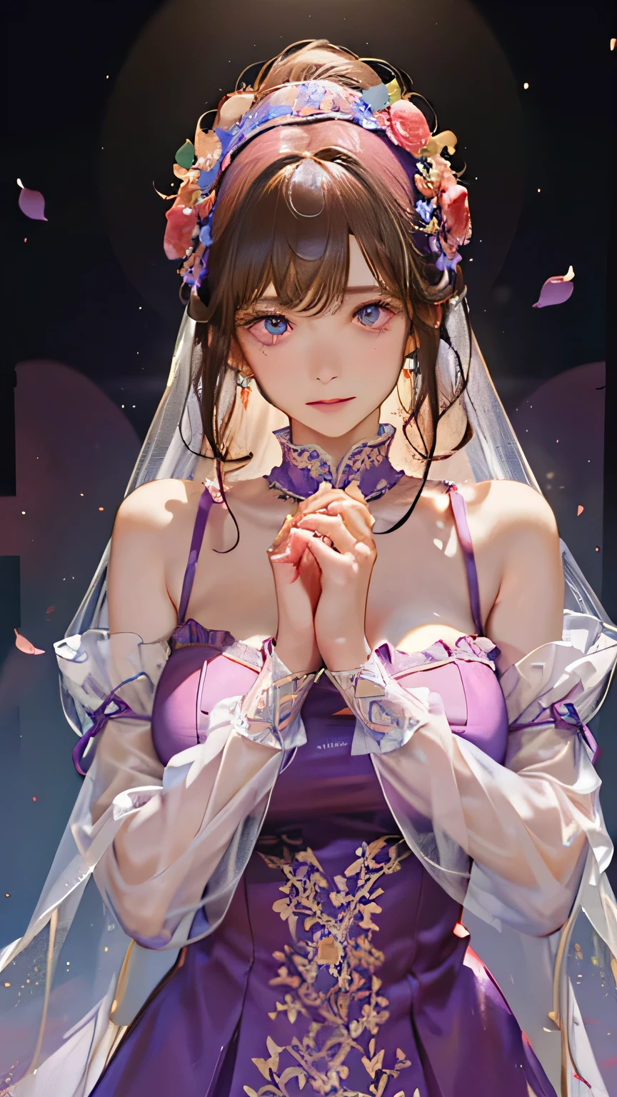 (highest quality, High resolution), Glowing Eyes, Delicate facial features, Vibrant colors, Dreamy atmosphere, Fantasy Theme, Floral Background, Graceful Movement, Detailed clothing, loose fitting dress, Elegant fashion, Magic lighting, Mysterious Aura, Heavenly Beauty, Magic thread, Whimsical elements,Big Breasts、Red attire、Colorful costumes、lingerie、Purple outfit