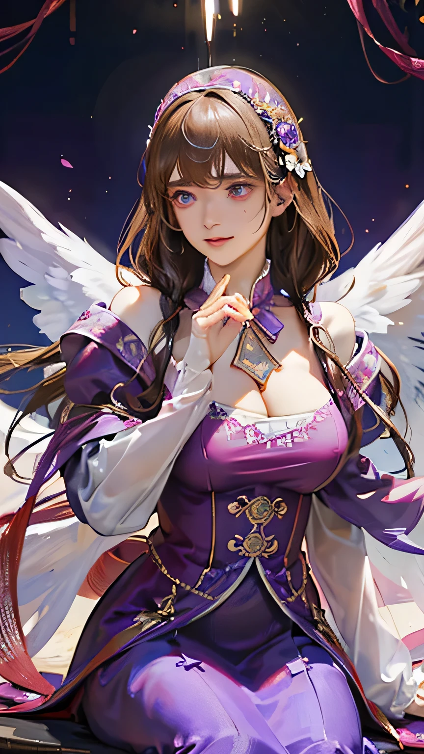 (highest quality, High resolution), Glowing Eyes, Delicate facial features, Vibrant colors, Dreamy atmosphere, Fantasy Theme, Floral Background, Graceful Movement, Detailed clothing, loose fitting dress, Elegant fashion, Magic lighting, Mysterious Aura, Heavenly Beauty, Magic thread, Whimsical elements,Big Breasts、Red attire、Colorful costumes、lingerie、Purple outfit