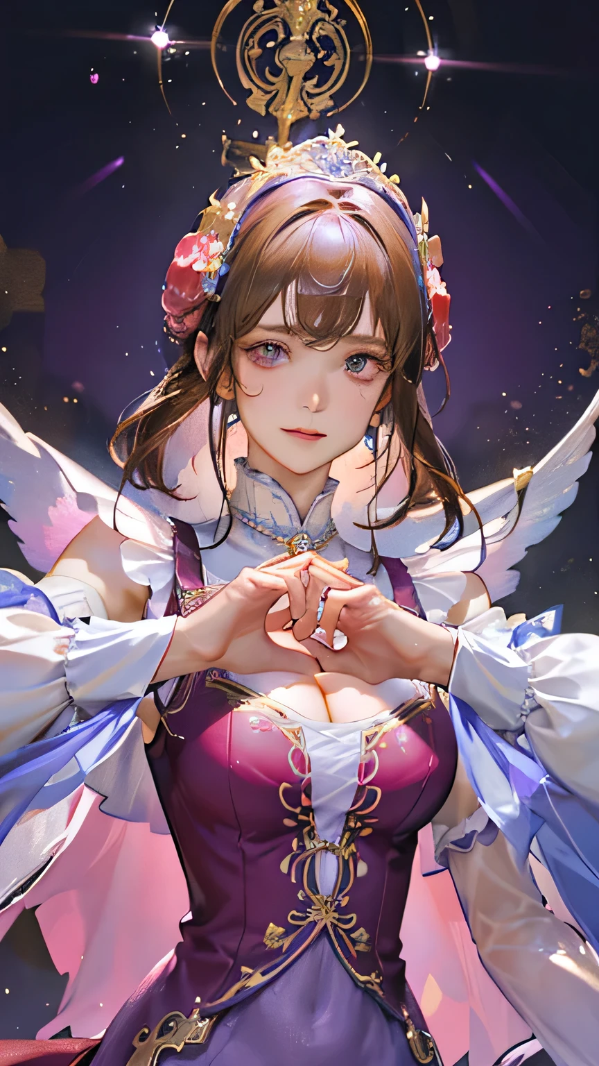 (highest quality, High resolution), Glowing Eyes, Delicate facial features, Vibrant colors, Dreamy atmosphere, Fantasy Theme, Floral Background, Graceful Movement, Detailed clothing, loose fitting dress, Elegant fashion, Magic lighting, Mysterious Aura, Heavenly Beauty, Magic thread, Whimsical elements,Big Breasts、Red attire、Colorful costumes、lingerie、Purple outfit