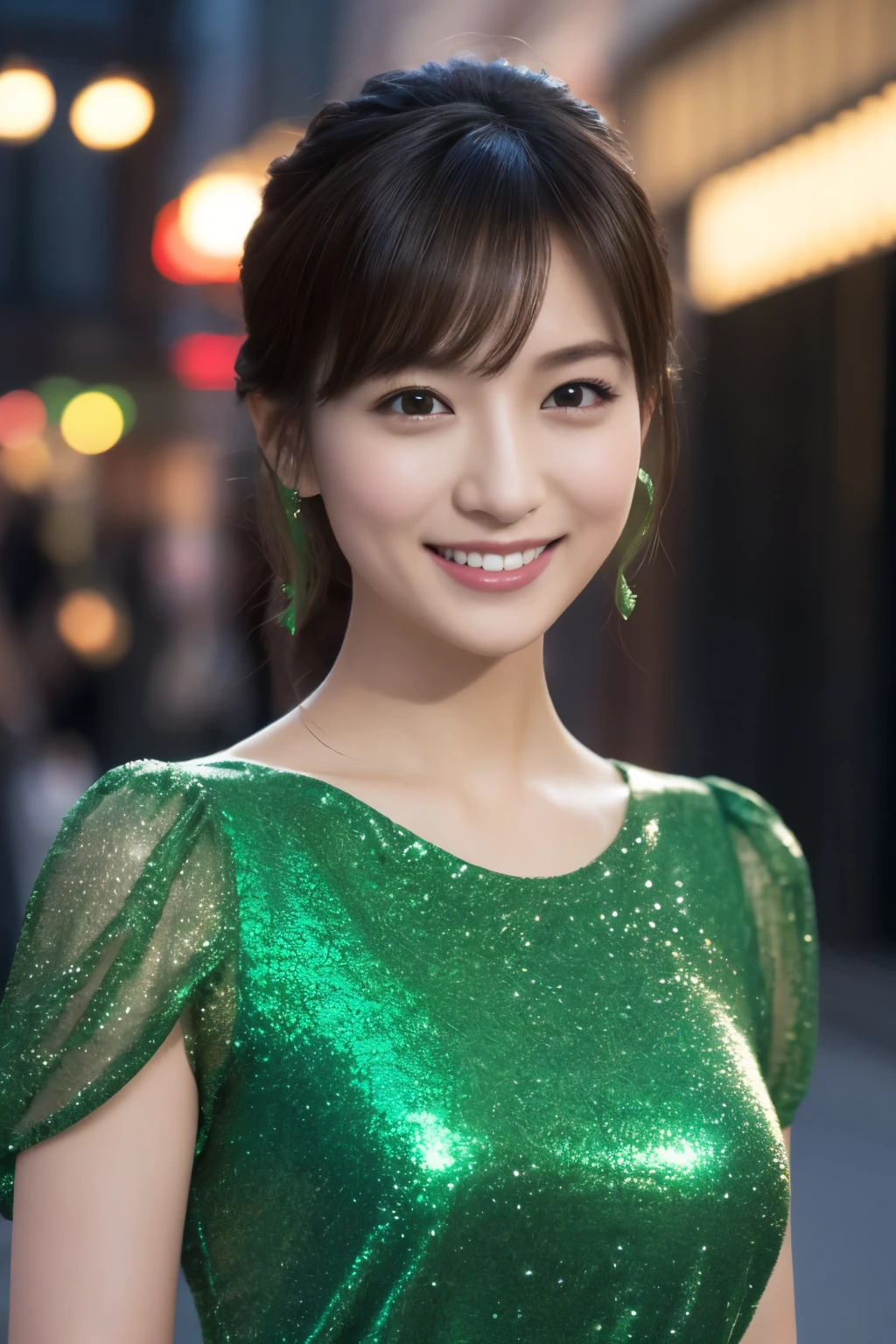 One Girl, (wearing a green glitter dress:1.2), (RAW Photos, highest quality), (Realistic, Photorealistic:1.4), Tabletop, Very delicate and beautiful, Very detailed, 2k wallpaper, wonderful, In detail, Very detailedな CG Unity 8K 壁紙, Very detailedな, High resolution, Soft Light, Beautiful detailed girl, Very detailedな目と顔, Beautifully detailed nose, Beautiful fine details, Cinema Lighting, City lights at night, Amazing illumination, Perfect Anatomy, Slender body, small, smile