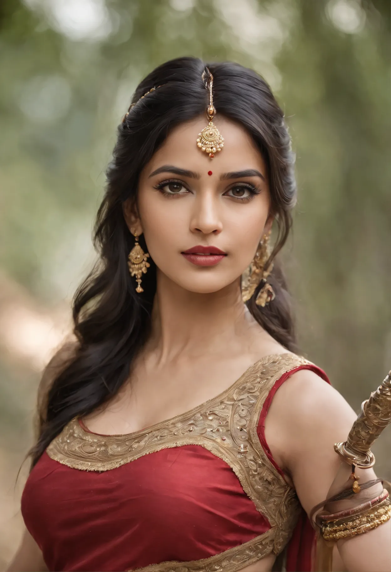 (photorealistic:1.37),indian women,sexy warrior,sword in hand,detailed eyes,detailed lips,long black hair,golden jewelry,flowing fabrics,navel,sexy top wear,vibrant colors,ornate headpiece,ornamental hilt,confident expression,graceful pose,beautiful backdr...