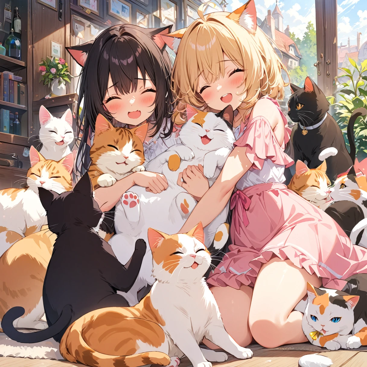 (best quality,ultra-detailed,highres,masterpiece:1.2),a girl sleeping next to a cat,girls oh so happy and excited,playful cats relaxing on the ground,a beautiful white cat,a mischievous black cat,a cute calico cat,a lovely tabby cat,a majestic tortoiseshell cat,girls interrupting cats' afternoon nap,girls playfully poking and prodding the cat's body,giggling girls caressing the cats,the girls filled with joy,faces beaming with delight,salivating with anticipation,a vivid scene of interactions between numerous cats and girls