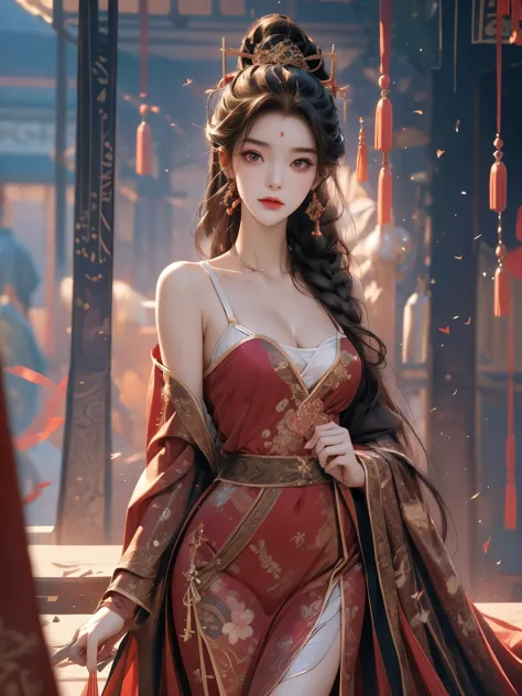 chinese beauty general, horse face skirt, red armor, exquisite and sexy clavicle, charming goose egg face, double eyelids, brigh...