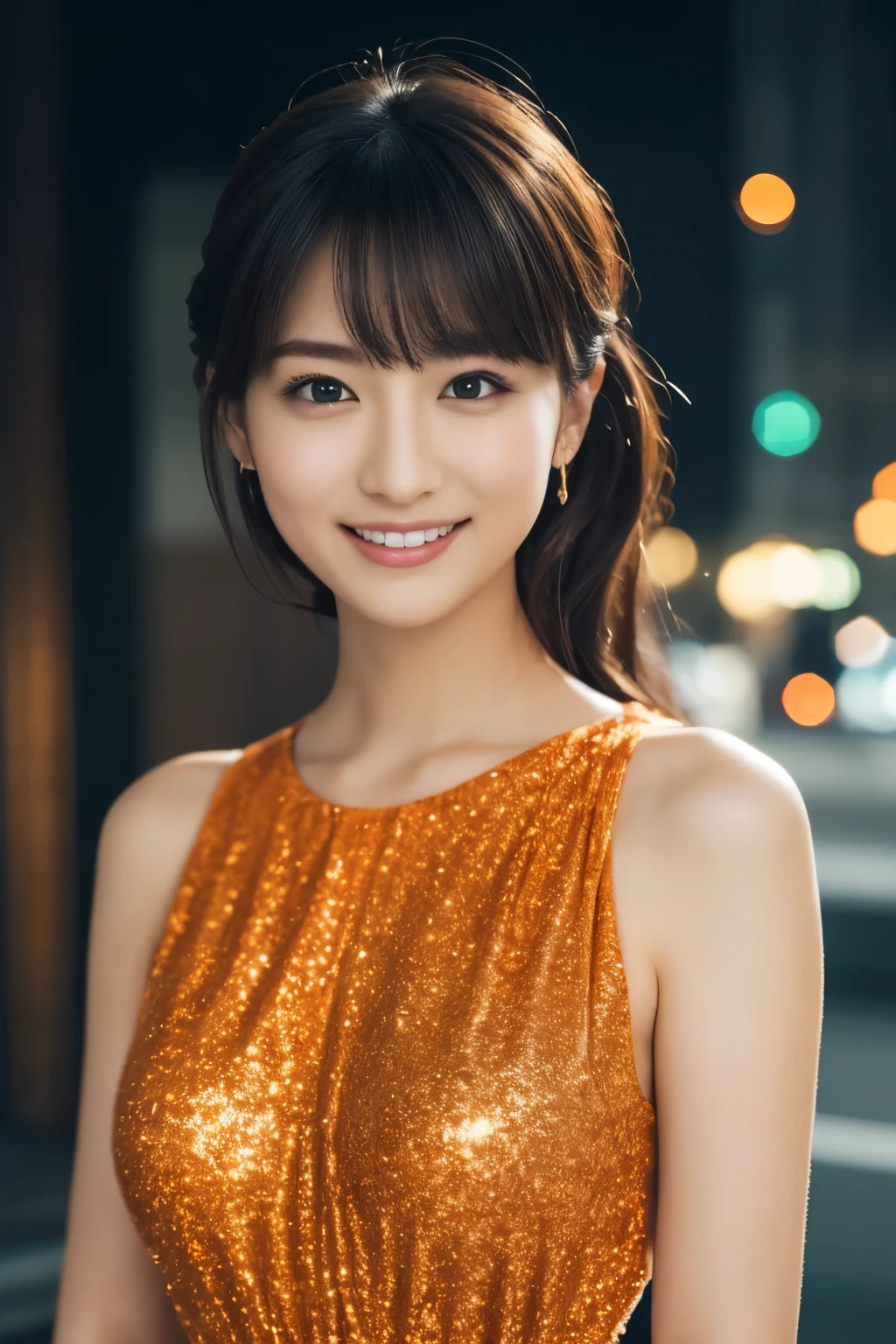 One Girl, (wearing an orange glitter dress:1.2), (RAW Photos, highest quality), (Realistic, Photorealistic:1.4), Tabletop, Very delicate and beautiful, Very detailed, 2k wallpaper, wonderful, In detail, Very detailedな CG Unity 8K 壁紙, Very detailedな, High resolution, Soft Light, Beautiful detailed girl, Very detailedな目と顔, Beautifully detailed nose, Beautiful fine details, Cinema Lighting, City lights at night, Amazing illumination, Perfect Anatomy, Slender body, small, smile