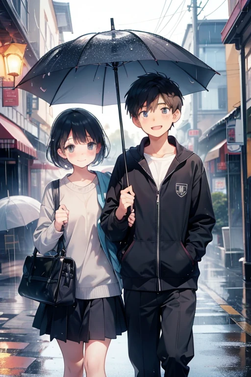 1girl and 1boy, girl have a school bag,boy have an umbrella,they share an umbrella,boy is smile,girl is shy, blush and cute,after school,,in town,rainy