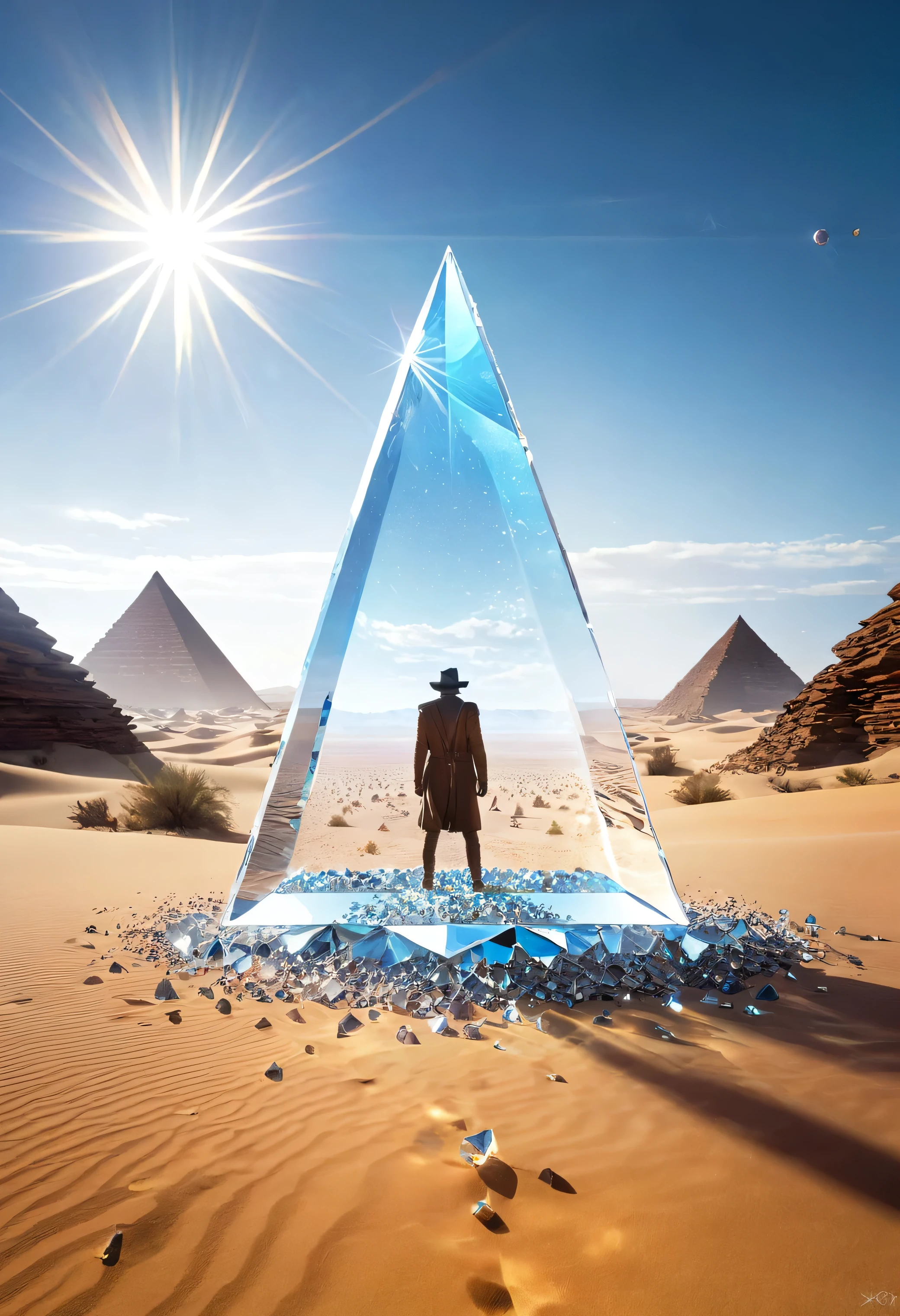 there is a man standing in the desert with a large object, full of glass. cgsociety, magical crystals, still frame from a movie, inspired by Louis Mathieu Verdilhan, album art for a trance dj, the rift, triangle shards, cinematic lens flare, connectedness, [ shards, 4 dimensions