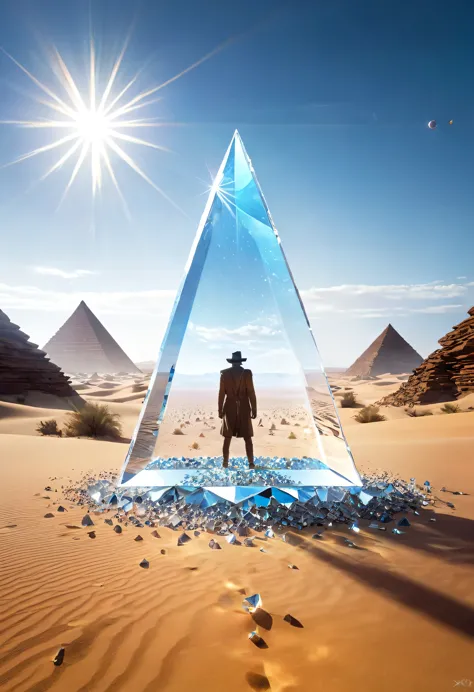 there is a man standing in the desert with a large object, full of glass. cgsociety, magical crystals, still frame from a movie,...