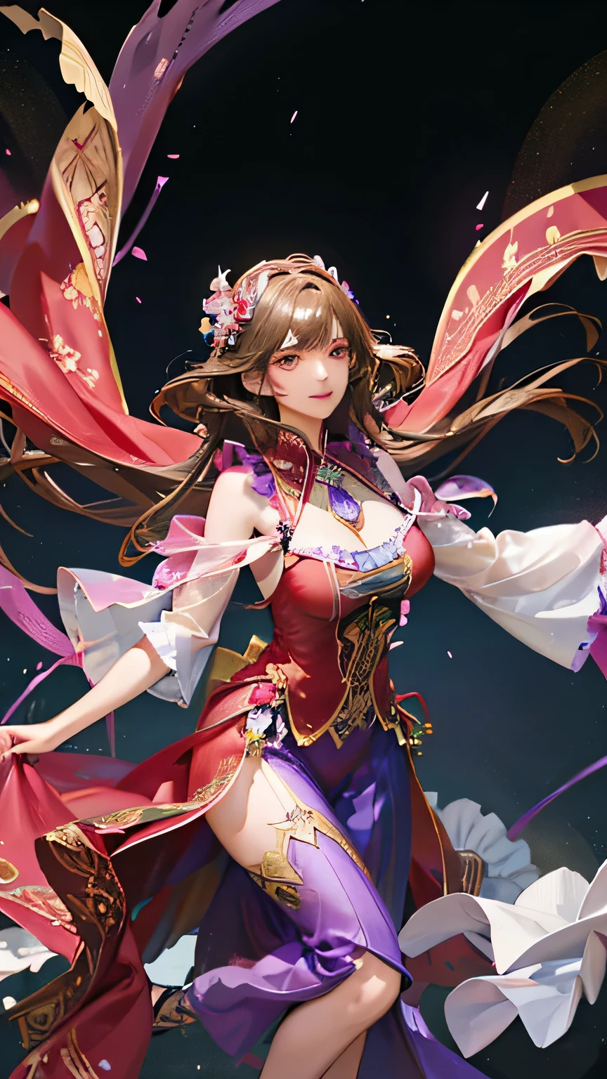 (highest quality, High resolution), Glowing Eyes, Delicate facial features, Vibrant colors, Dreamy atmosphere, Fantasy Theme, Floral Background, Graceful Movement, Detailed clothing, loose fitting dress, Elegant fashion, Magic lighting, Mysterious Aura, Heavenly Beauty, Magic thread, Whimsical elements,Big Breasts、Red attire、Colorful costumes、lingerie、Purple outfit