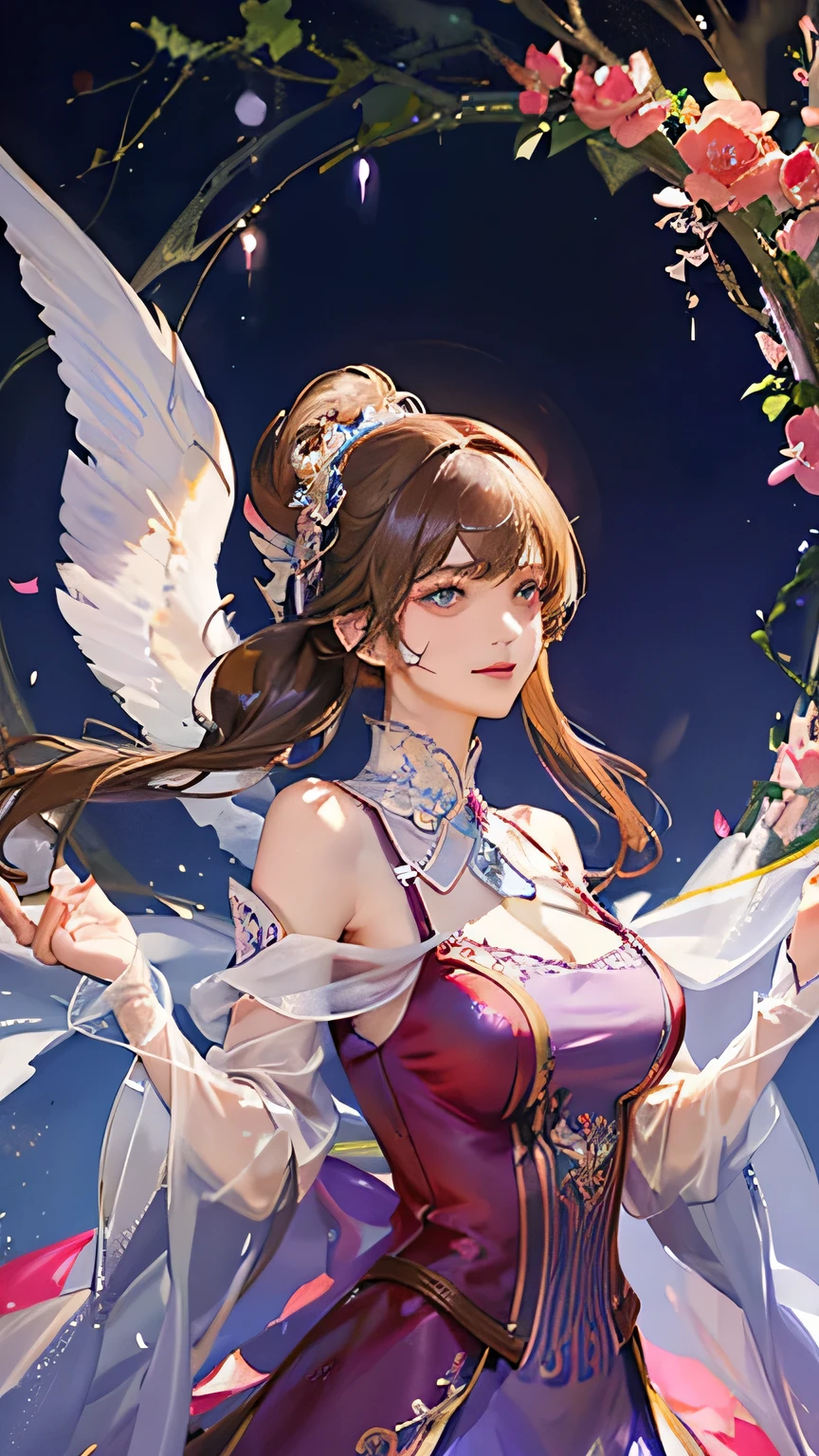 (highest quality, High resolution), Glowing Eyes, Delicate facial features, Vibrant colors, Dreamy atmosphere, Fantasy Theme, Floral Background, Graceful Movement, Detailed clothing, loose fitting dress, Elegant fashion, Magic lighting, Mysterious Aura, Heavenly Beauty, Magic thread, Whimsical elements,Big Breasts、Red attire、Colorful costumes、lingerie、Purple outfit