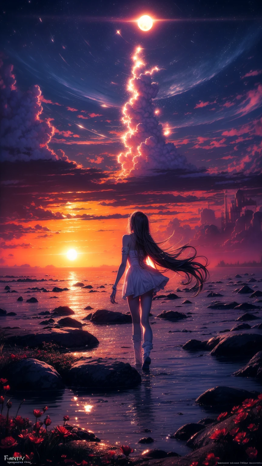 "((Fantasy-Kunst)) mit einem außerirdischen Mädchen, eingetaucht in eine himmlische Symphonie, Wolken verwandeln sich in helle Spritzer, Blumen sind verstreut, wie Noten im Wind, visuelle Orchestrierung von Farbe und Wunder" Nacht , Vollmond