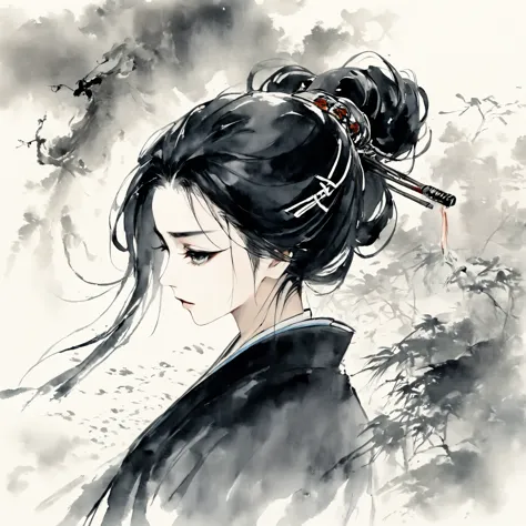 An ancient Chinese Taoist woman, wearing black chivalrous clothes, black hair with high hairpin hairstyle, cold expression, eyes...