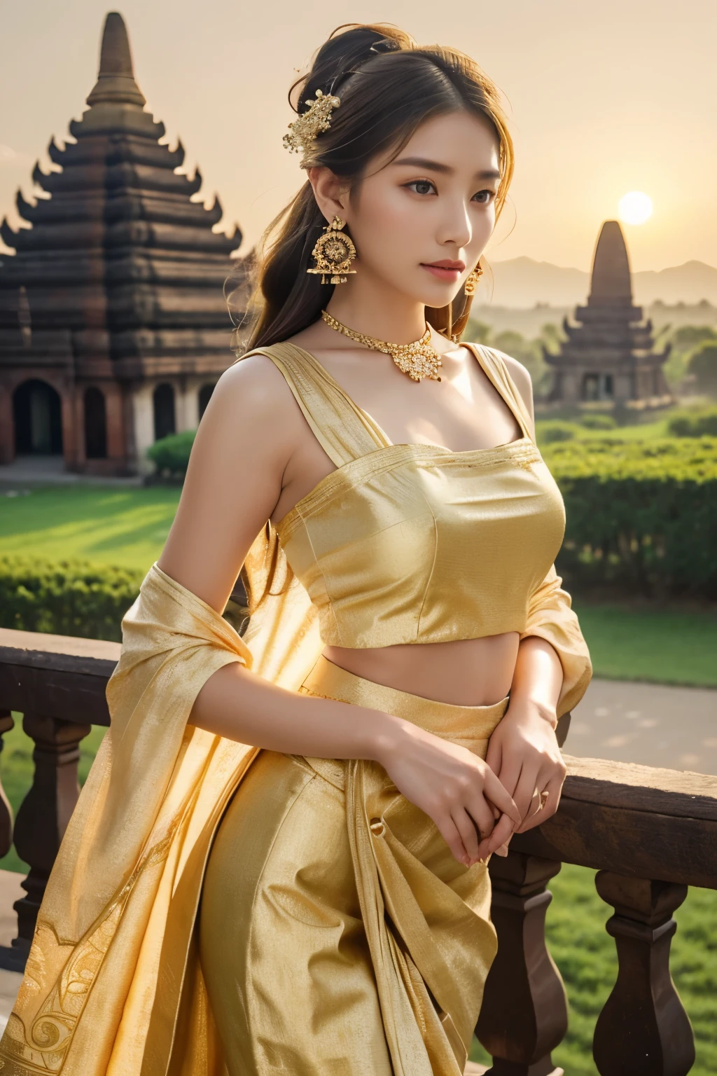 A beautiful young woman of Tai Khun descent, adorned in a meticulously crafted Keng Tong Tai Khun traditional outfit, stands gracefully against the backdrop of the majestic Bagan temples. Her attire shimmers with intricate embroidery and gold accents, each element carefully chosen to reflect the rich cultural heritage of her people.

Details:

Facial features: The woman's face is radiant and youthful, with delicate features and captivating eyes that sparkle with warmth and intelligence. Her hair is styled in a messy bun adorned with fresh flowers and secured with a gold pin, adding a touch of elegance and whimsy.
Traditional outfit: The Keng Tong Tai Khun outfit is a top tank style masterpiece of craftsmanship, featuring vibrant silks, intricate embroidery, and delicate gold embellishments. The long, flowing skirt cascades gracefully around her legs, while the fitted bodice accentuates her slender figure. A traditional headdress adds a regal touch to her ensemble.
Accessories: The woman's beauty is further enhanced by a dazzling array of traditional jewelry. Bangle bracelets encircle her wrists, a statement necklace adorns her neck, and delicate earrings dangle from her ears. Each piece is intricately crafted and adds a touch of luxury to her overall look.
Bagan temples background: The ancient Bagan temples provide a breathtaking backdrop for the portrait. Their weathered brickwork and towering spires add a touch of grandeur and mystery to the scene. The warm hues of the sunrise or sunset bathe the temples in a golden glow, creating a truly magical atmosphere.